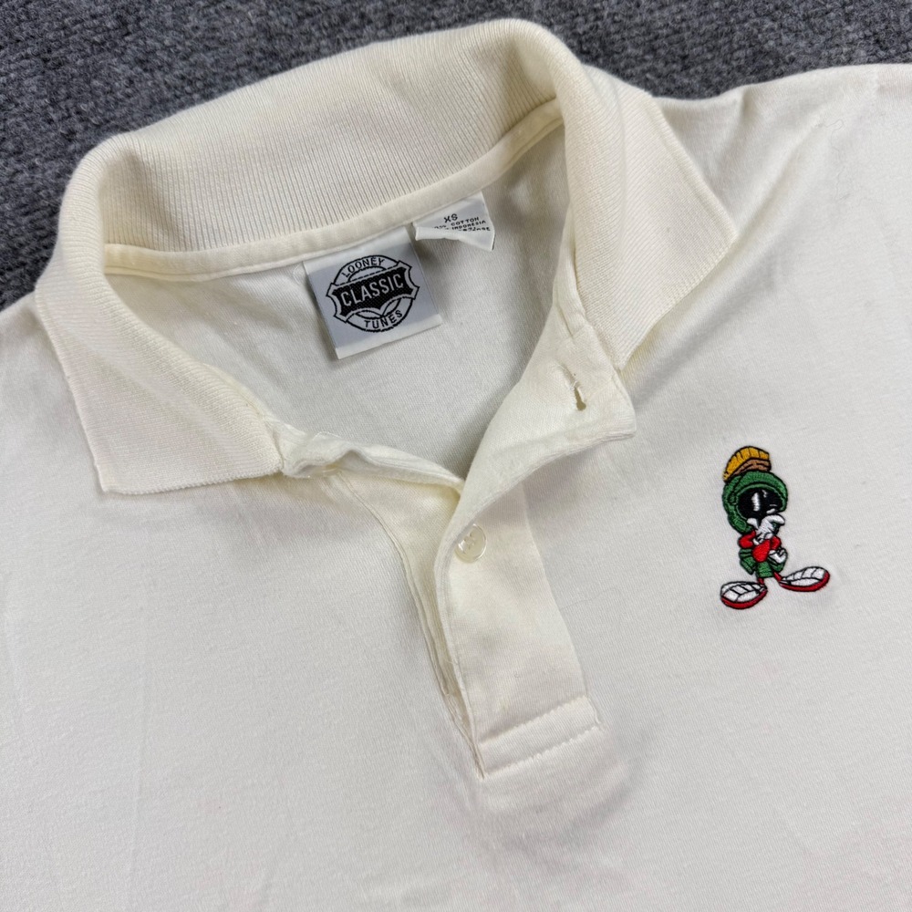Looney Tunes Polo Shirt Size XS Cream Marvin the Martian Embroidered Flaw Mens